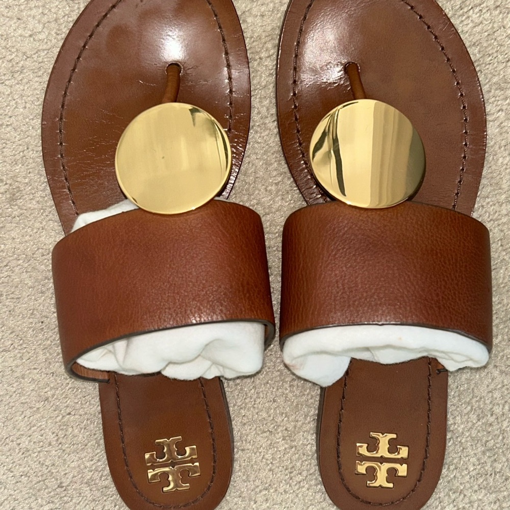 Authentic Tory Burch Brown Leather  Slide Sandals Patos with Gold Medallion 8M